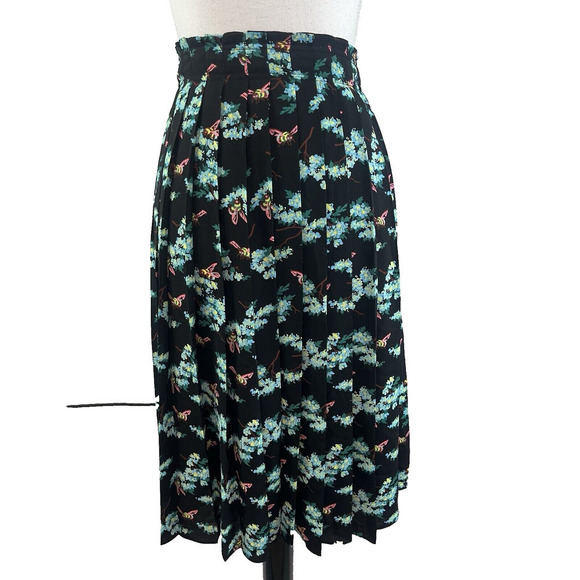 J Crew Skirt size 0 Black Blue Pink Bumble Bee Pleated Midi A Line Modest Boho - Picture 1 of 10